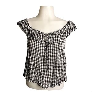 Billabong | Black & White Plaid Off Shoulder Keyhole Front Tie Crop Blouse •